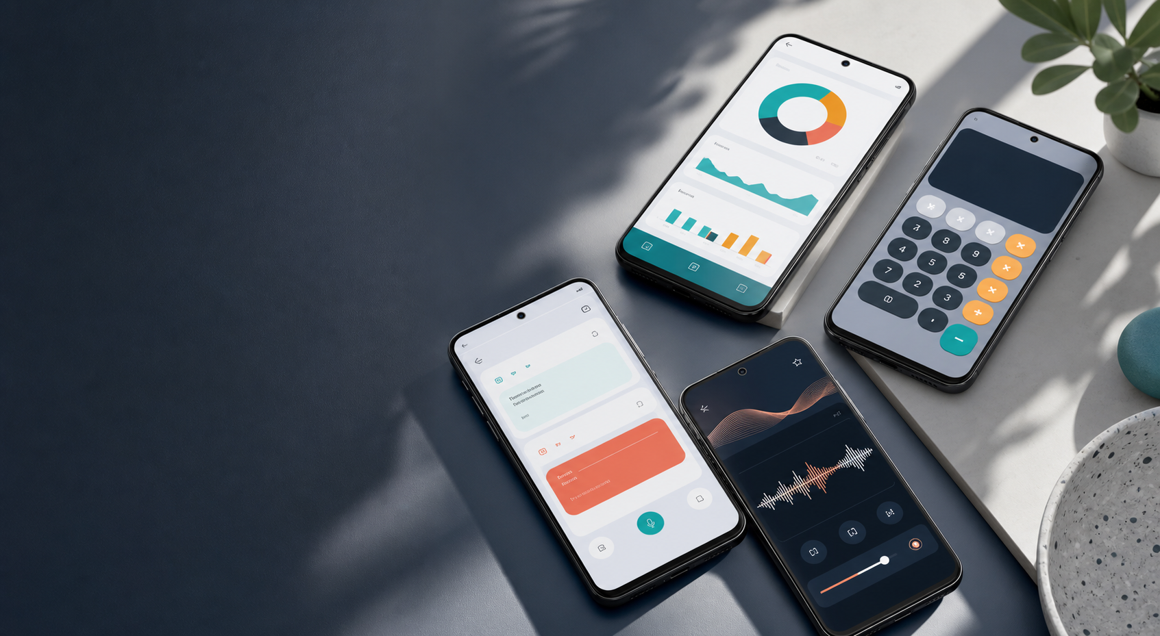 Smartphone mockups showing calculator, translator, radio and math app interfaces